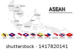 ASEAN ( Association of Southeast Asian Nations). Map and nation flags of all members in 3 D rectangle style with shadow. Light grey background. Artwork for ASEAN and Southeast Asia countries.