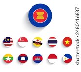 ASEAN (Association of Southeast Asian Nations) and membership flags isolated on white background.