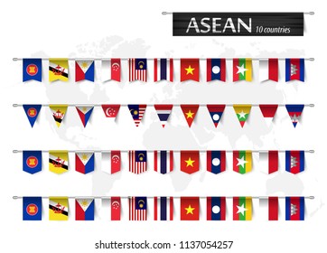 ASEAN ( Association of Southeast Asian Nations ) and various shape nation flag of country membership hanged on pole and world map background . Vector .