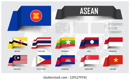 ASEAN . Association of Southeast Asian Nations . And membership . floating paper flags design . World map background . Vector .