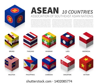 ASEAN . Association of Southeast Asian Nations and membership . 3D Cubic flag design . Vector .