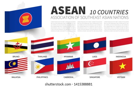 ASEAN . Association Of Southeast Asian Nations . And Membership Flags . Sticky Note Design . Vector .