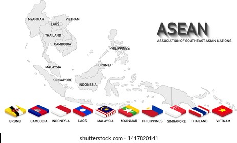 ASEAN ( Association Of Southeast Asian Nations). Map And Nation Flags Of All Members In 3 D Rectangle Style With Shadow. Light Grey Background. Artwork For ASEAN And Southeast Asia Countries.