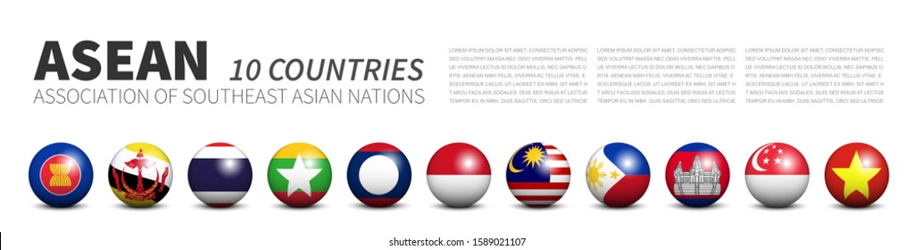 ASEAN . Association of Southeast Asian Nations . Banner 3D circle balls line up and member flags design . White isolated background . Vector .