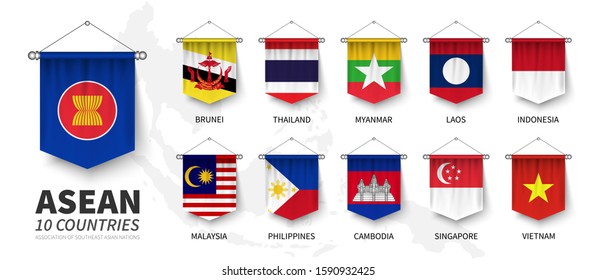 ASEAN . Association Of Southeast Asian Nations . And Membership Flags . 3D Realistic Pennant Hanging Design . White Isolated Background And South East Asia Map . Vector .