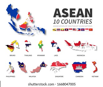 ASEAN . Association of Southeast Asian Nations . Set of flat design country map and national flag of member with shadow . White isolated background . Vector .