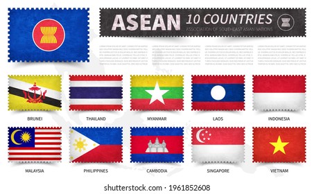 ASEAN . Association of Southeast Asian Nations . And membership country flag . Stamp shape with grunge paper texture . White isolated background with southeast asia map . Element vector .