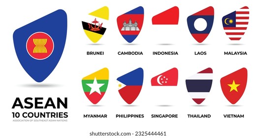 ASEAN. Association of Southeast Asian Nations and membership flags . Creative Rugby StyleBadge Style. Vector Illustration. 