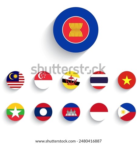 ASEAN (Association of Southeast Asian Nations) and membership flags isolated on white background.