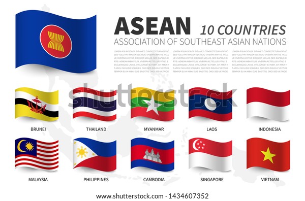 Asean東南アジア諸国連合会及び加盟国 なびく国旗のデザイン 東南アジアの地図の背景 ベクター画像 のベクター画像素材 ロイヤリティフリー