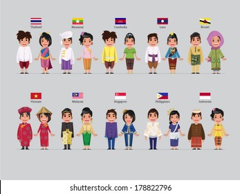 ASEAN boys and girls in traditional costume with flag