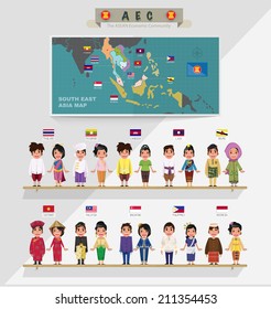 ASEAN boys and girls in traditional costume with flag. map of asean. south east asia - vector illustration