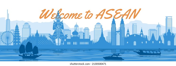 ASEAN famous landmark with blue and white color design,vector illustration