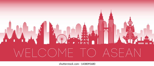 ASEAN Famous Landmark Red Silhouette Design,vector Illustration