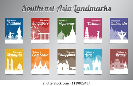 ASEAN famous landmark in silhouette design with multi color style brochure set,vector illustration