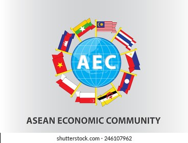 Asean Flag With Globe Illustration, For Background (AEC, AFTA, ASEAN), Easy To Modify