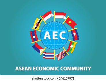 Asean Flag with globe illustration, for background (AEC, AFTA, ASEAN), easy to modify