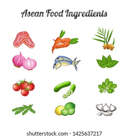 asean food ingredients set bundle include vegetables and meat in gradient cartoon design,vector illustration