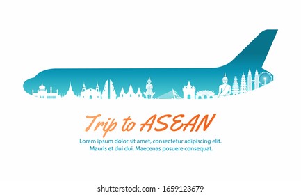 ASEAN landmark inside with plane shape in concept art by silhouette style,vector illustration