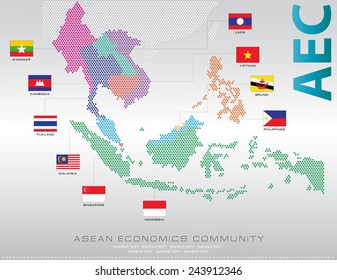 Asean Map dotted style illustration, for background (AEC, AFTA, ASEAN) with 3D Flag, easy to modify