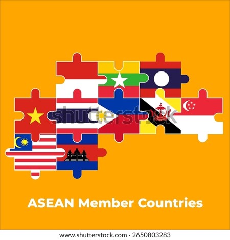 ASEAN member flags form a connected puzzle,
each flag fitting together in unity.
Represents collaboration across Southeast Asia,
ideal for maps, infographics, or visuals.