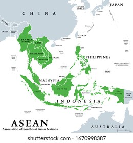 Estados miembros de la ASEAN, mapa político. Asociación de Naciones del Sudeste Asiático, una organización intergubernamental regional con 10 países miembros, se muestra en el mapa en color verde. Ilustración. Vector.