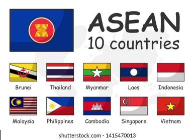 ASEAN and membership flag . Association of Southeast Asian Nations . Modern simple cartoon outline design and doodle world map background .