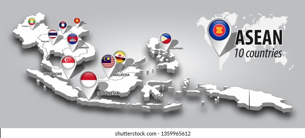 ASEAN And Membership Flag On 3D Map Southeast Asia Perspective View And GPS Navigator Pin On Gray Color Gradient Background . Vector .