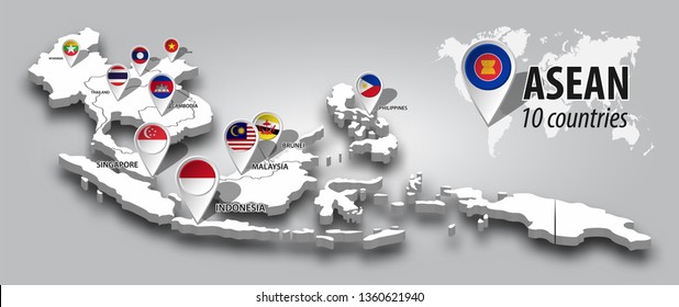 ASEAN And Membership Flag On 3D Map Southeast Asia Perspective View And GPS Navigator Pin On Gray Color Gradient Background . Vector .