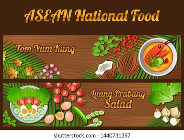 Asean National food ingredients elements set banner on wooden background,Thailand and Loas,vector illustration