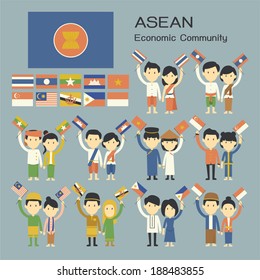 ASEAN People In Traditional Costume With Flag