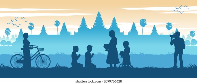 Asean scenery country background of Cambodia with Angkor wat and monk walk to recieve food while tourist take photos,vector illustration