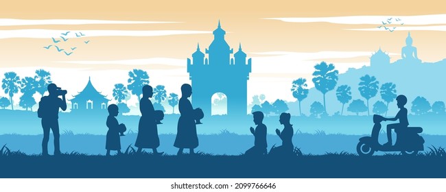 Asean scenery country background of Loas with famous gate and temple while monks ask for food and tourist takes photos,vector illustration