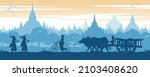 Asean scenery country background of Myanmar with Pagoda sea while monk on pilgrimage woman ride bicycle and man on cow cart,vector illustration