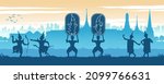 Asean scenery country background of Thailand with famous temple and Thai ancient show,vector illustration