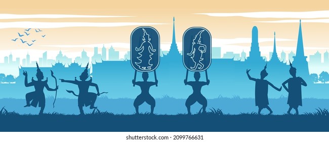 Asean scenery country background of Thailand with famous temple and Thai ancient show,vector illustration