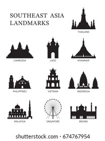 ASEAN, Southeast Asia Landmark Silhouette Set, Famous Place, Travel and Tourist Attraction