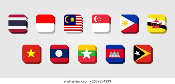 ASEAN Southeast Asia Nation Flag  3D Box Rounded Square Style State Country Thailand, Indonesia, Malaysia, Singapore, Philippines, Brunei Darussalam, Vietnam, Laos, Myanmar, Cambodia, Timor Leste