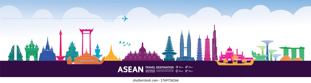 ASEAN travel destination grand vector illustration. 