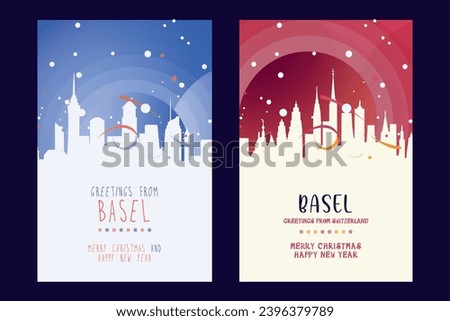 asel city poster with Christmas skyline, cityscape, landmarks. Winter Switzerland town holiday, New Year vertical vector layout for brochure, website, flyer, leaflet, card Stock photo © 