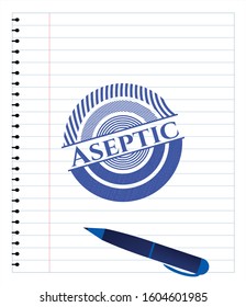 Aseptic pen emblem. Blue ink. Vector Illustration. Detailed.