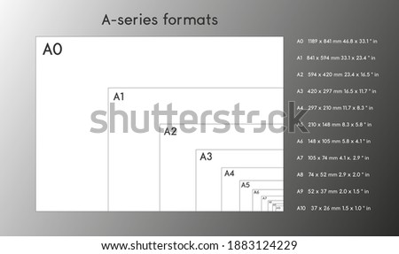 A-series paper formats size, A0 A1 A2 A3 A4 A5 A6 A7 with labels and dimensions in milimeters. International standard ISO paper size proportions the actual real millimeter size.