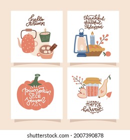 ASet de 4 afiches cuadrados con elementos acogedores de otoño y citas con letras a mano. Paleta de colores de moda y caligrafía lineal. Escenas de caídas bonitas.