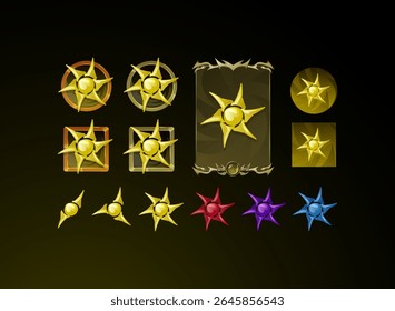 aset of fantasy gothic medieval button, skill symbol and card design with sun bright magic elements in yellow and various color