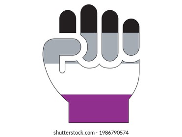 
Asexual in fight. Clenched fist with the flag of the asexual collective on white background