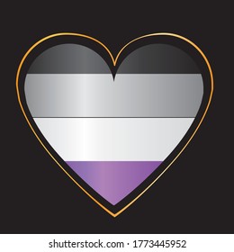 Bandera asexual en el corazón aislada en un fondo negro como concepto de orgullo, lgbtq +, amor, romance. Ilustración plana vectorial con corazón como carta tolerante o saludo para asexual 