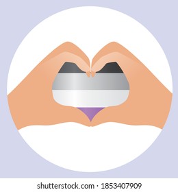 Asexual flag, isolated round icon. Flat vector stock illustration. Hands with hearts, asexual flag. The concept of asexuality. Heart hands illustration as emblem, logo, icon for LGBTQ