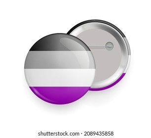 Asexual flag round glossy metallic 3d badge mockup. Lgbtq flag, official symbol of the community. Front and back side of pin button realistic vector illustration