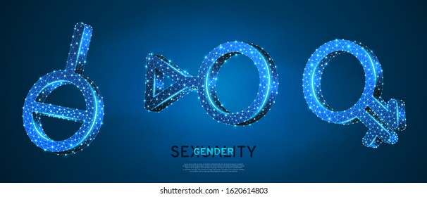 Asexual, Intergender, Third gender symbol set. Low poly, wireframe digital 3d vector illustration. Individual identity, people rights concept on blue neon background. Abstract polygonal LGBT sign