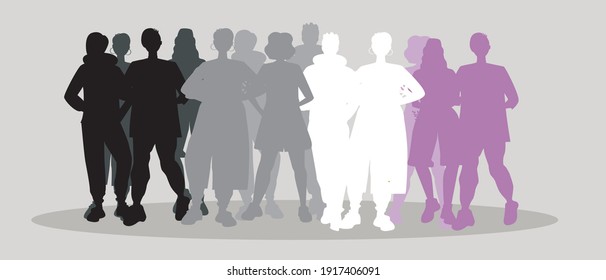 Asexual people, isolated silhouettes. Flat vector stock illustration. Concept of asexuality, lgbtq people. Adult asexual persons of men and women. Illustration with silhouettes